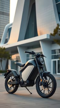 An electric motorcycle stands parked on a paved area, set against a backdrop of contemporary architecture during sunset. The sleek design is highlighted by warm hues of the evening sky.