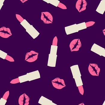 .Glamorous fashion seamless pattern with lipstick and kisses on a dark background. Cosmetic seamless pattern in modern trendy colors. Design for beauty, advertising, Valentines Day
