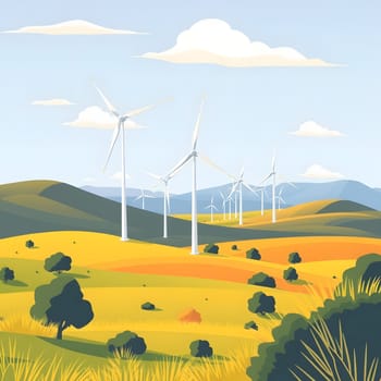 In a picturesque landscape, numerous wind turbines stand tall on rolling hills, surrounded by vibrant green and yellow fields. The scene is illuminated by a bright, clear sky.