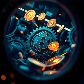 Bitcoin symbols revolve around mechanical gears, highlighting the connection between cryptocurrency and technology. A futuristic ambiance enhances the themes of innovation and finance.