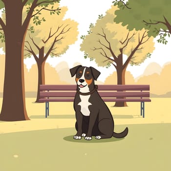 A cheerful dog sits in a grassy area of a park, surrounded by beautiful trees with autumn foliage, with benches visible in the background under a clear blue sky.
