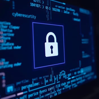 A digital lock icon appears prominently on a dark background filled with codes and data related to cybersecurity, illustrating the importance of data protection and safe online practices.