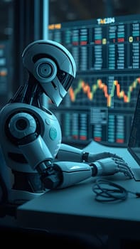 A robot sits at a desk in a modern office, focused on a laptop displaying financial charts and data. Its eyes are fixed on the screen as stock prices fluctuate.