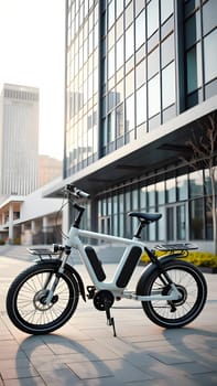An electric bicycle stands parked on a city walkway, showcasing its sleek design. Skyscrapers and glass buildings create a contemporary backdrop during daylight hours.