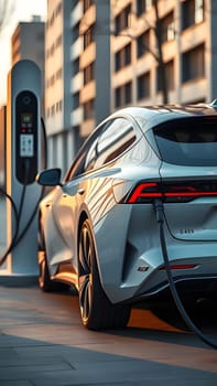 A sleek electric car is plugged into a charging station on an urban street as the sun sets, casting warm light on its design and nearby modern architecture.