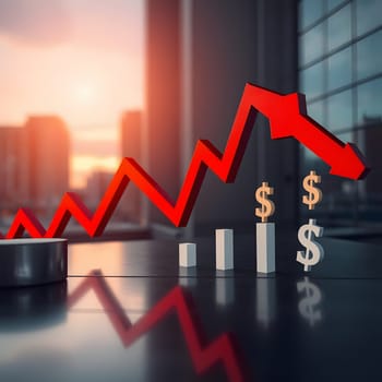 A striking red line chart indicates a financial downturn, with dollar symbols displayed prominently against a modern urban skyline as the sun sets in the background.