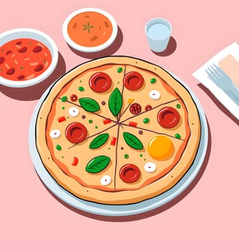 A beautifully arranged pizza sits on a pink table, topped with fresh ingredients like peppers, olives, and a sunny-side-up egg, accompanied by two bowls of sauces.