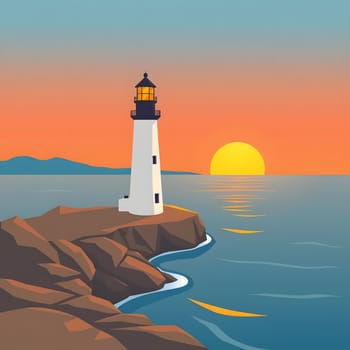 A lighthouse stands on rocky shores as the sun sets on the horizon, casting a warm glow across the calm ocean waters and highlighting the distant mountain range.