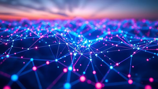 A vibrant digital representation showcases interconnected glowing nodes in brilliant pink and blue, creating a network effect against a dusky sky backdrop, suggesting vast connectivity.