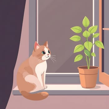 A cat with orange and white fur sits on a windowsill, gazing outside. Next to it, a green potted plant thrives in the sunlight, creating a cozy atmosphere in the room.