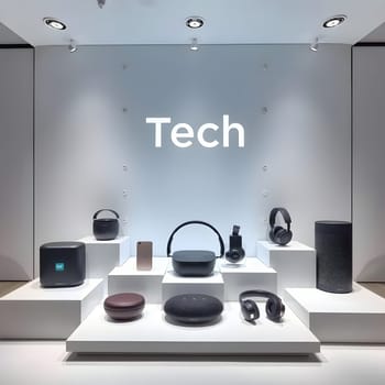 Various tech gadgets are showcased on white pedestals in a retail space. The arrangement features headphones, speakers, and portable devices against a sleek background.