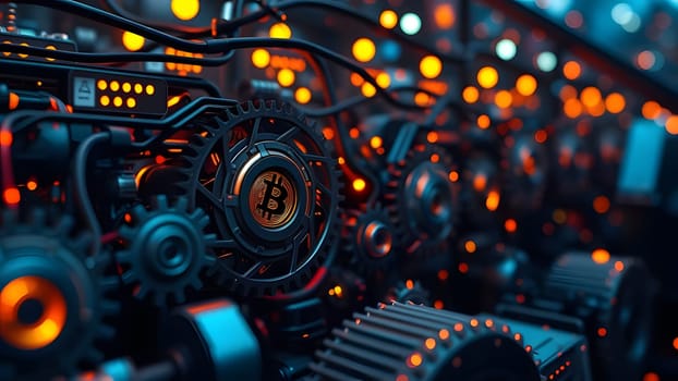 A network of interconnected gears lit by warm orange lights features a prominent Bitcoin symbol. The ambient glow creates a futuristic, high-tech environment, emphasizing cryptocurrency mining.
