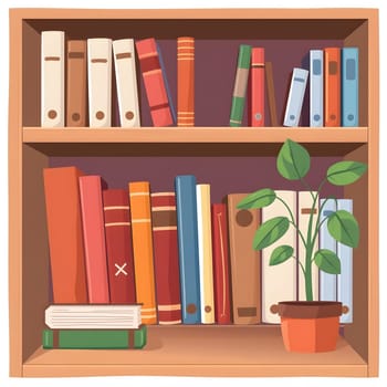 A wooden bookshelf displays various colorful books of different sizes, with a small potted plant adding a touch of greenery to the scene, creating a warm and inviting atmosphere.