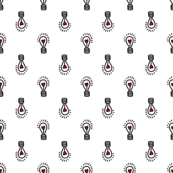 Seamless pattern with light bulbs with a heart on a white background illustration in doodle style. Design for Valentines Day, Wedding, Invitations