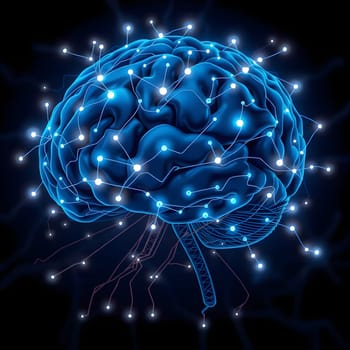 The artwork displays a vibrant blue brain surrounded by glowing neural connections, set against a stark black background, symbolizing intelligence and thought processes.