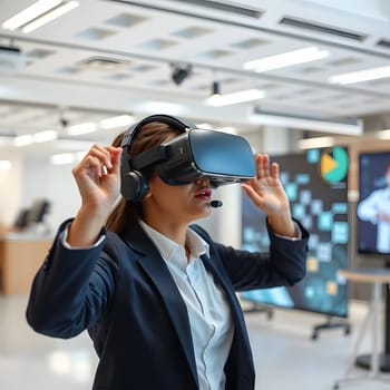 A young professional engages with a virtual reality headset in a sleek office space. She appears focused and immersed in an interactive digital experience, surrounded by advanced technology.