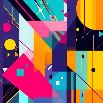 Various geometric shapes and bold colors create an abstract composition, showcasing a lively interplay of lines and forms that engage the viewer's eye with dynamic energy.