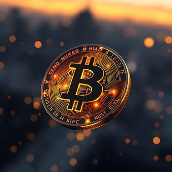 A detailed depiction of a Bitcoin symbol floating in the air above a city skyline during sunset, illuminated by warm light, showcasing a vibrant atmosphere and technological theme.