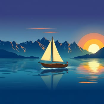 A sailboat navigates calm waters as the sun sets behind stunning mountain peaks, casting a warm glow over the landscape, creating a peaceful atmosphere.