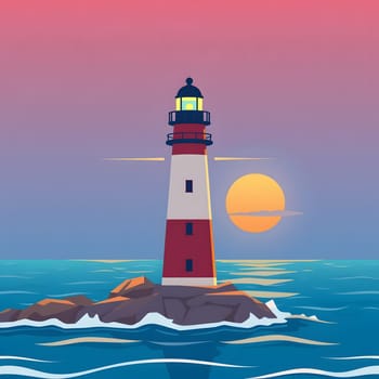 A vibrant sunset casts warm hues over a lighthouse, standing tall on rocky terrain. Waves gently crash against the shore, highlighting the tranquil beauty of the seascape.