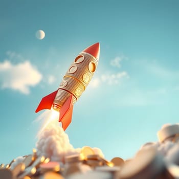 A rocket ascends from a pile of coins against a bright blue sky, with fluffy clouds nearby. The scene conveys a sense of adventure and possibility, merging finance and exploration.