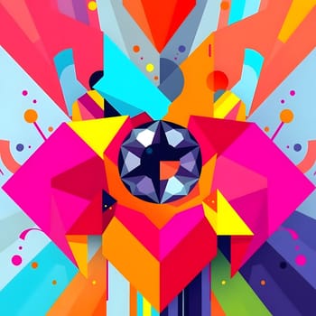 Bright geometric shapes in a radiant explosion of colors create an eye-catching abstract artwork, showcasing vivid triangles, circles, and sharp lines harmoniously blended together.