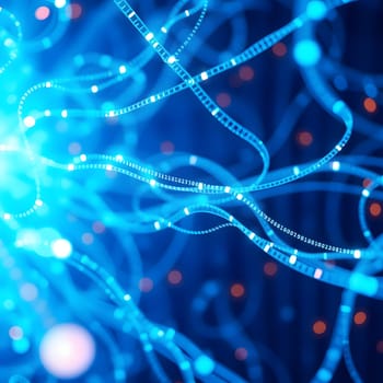 A vibrant display of blue strands intertwined with glowing binary data, conveying a sense of digital connectivity and technological advancement in a dark background.