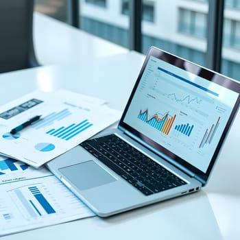 A laptop displays colorful graphs and charts, surrounded by printed reports detailing financial analysis. Natural light fills the contemporary office setting, highlighting the workspace.