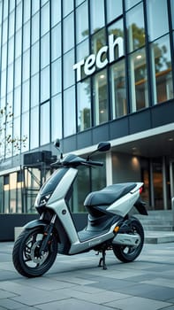 An electric scooter sits parked on the sidewalk in front of a sleek, modern tech building. Its design is contemporary, blending with the urban atmosphere of a sunny day.
