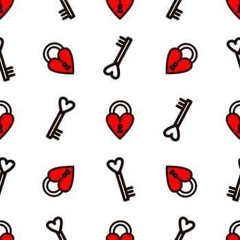 Seamless pattern with red heart-shaped lock illustration. Valentines day pattern