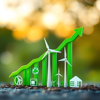 Colorful green indicators showcase growth in renewable energy, featuring wind turbines and symbols for sustainability. The setting captures a beautiful outdoor environment with a blurred background.