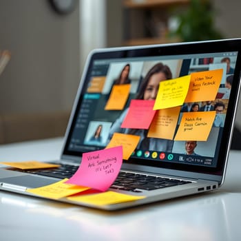 Sticky notes stick to a laptop screen as participants engage in a virtual meeting, showcasing a home office setup filled with reminders and collaborative ideas.