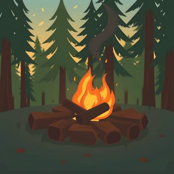 A crackling campfire illuminates a circle of logs, surrounded by tall trees in a tranquil forest. The soft glow of flames contrasts with the dusky sky as evening settles in.