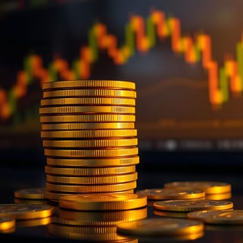A collection of shiny golden coins is arranged in a tall stack on a dark surface, with vibrant financial charts illuminating the background, representing market trends and investments.