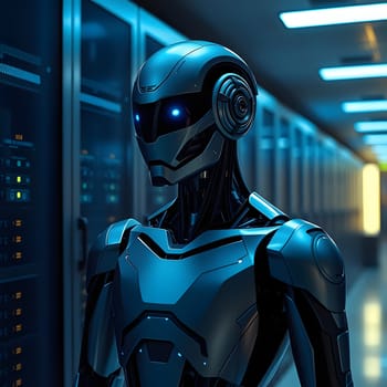 A sleek, futuristic robot with glowing blue eyes stands in a dimly lit server room filled with equipment. The advanced technology highlights the robot's design and features.