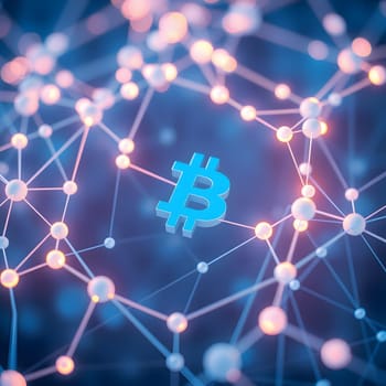 A digital illustration showcases a network of interconnected nodes with a central bitcoin symbol, representing the vast and intricate world of blockchain technology and cryptocurrency.