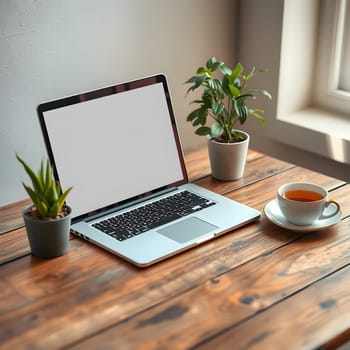 A neatly arranged workspace featuring a laptop, two small potted plants, and a cup of tea on a wooden table, all set in a well-lit area that invites creativity.