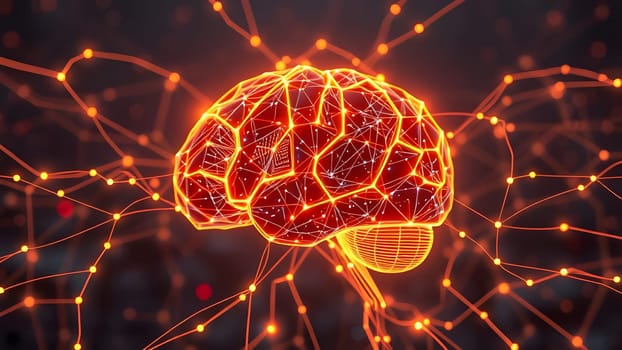 A vibrant representation of a brain, intricately detailed with glowing neural connections, showcases a futuristic design that symbolizes intelligence and technology at night.