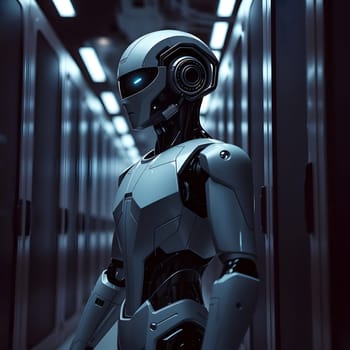 A sleek humanoid robot stands confidently in a dimly lit data center, surrounded by rows of servers. Blue lights accent its design, emphasizing advanced technology and innovation.