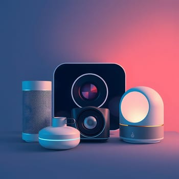 A variety of contemporary audio devices are artistically arranged, featuring a smart speaker, a sleek sound system, and a glowing lamp, all set against a vibrant gradient backdrop.