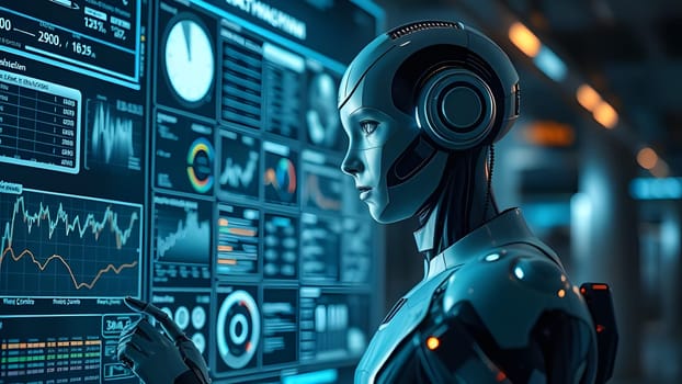 A sleek robotic figure engages with digital displays, analyzing complex data in a modern control room setting. Intricate graphs and statistics illuminate the surroundings, showcasing technology.