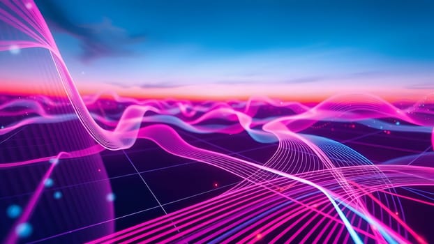 Vibrant digital waves ripple across a serene landscape, showcasing a blend of pink and purple hues at dusk. The horizon gleams with colors as the night approaches, creating a captivating effect.
