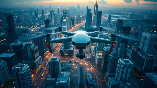 A drone captures stunning views of Dubai's skyline, showcasing towering skyscrapers and busy streets as dusk settles over the vibrant city.