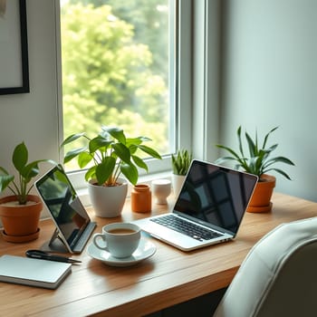 A well-organized workspace features two laptops, a cup of coffee, and lush green plants on a wooden desk by a window. Sunlight filters through, enhancing the inviting atmosphere.