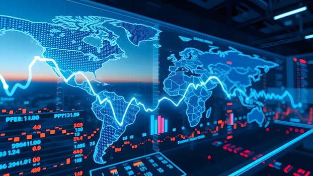 A world map displays financial data trends and statistics against a backdrop of a vibrant sunset, showcasing advanced technology in data visualization and analytics.