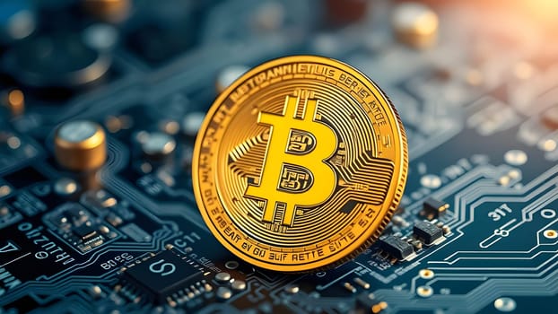 A golden Bitcoin token is prominently displayed atop a circuit board, symbolizing the intersection of technology and cryptocurrency. The warm lighting enhances its metallic shine.