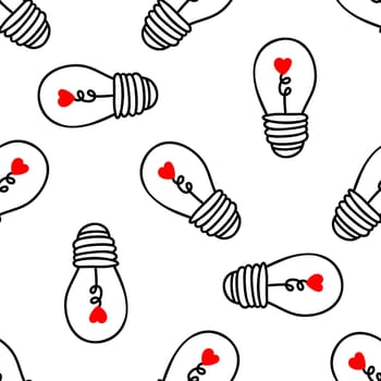 Seamless background with light bulbs with a heart on a white background. Design for Valentines Day, Wedding, Invitations