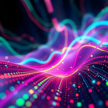 Vibrant wave patterns move through a dark background, showcasing a blend of colorful neon hues. The design creates an energetic and dynamic atmosphere, perfect for digital art enthusiasts.