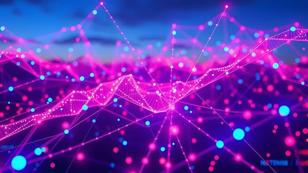 An intricate digital representation of a network, featuring vibrant pink and blue nodes interconnected by glowing lines, creating a striking visual effect against a dusk backdrop.