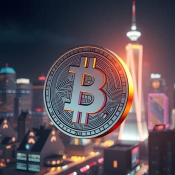 A detailed Bitcoin symbol hovers in the air with Shanghais illuminated skyline in the background, showcasing the citys modern architecture and nightlife.